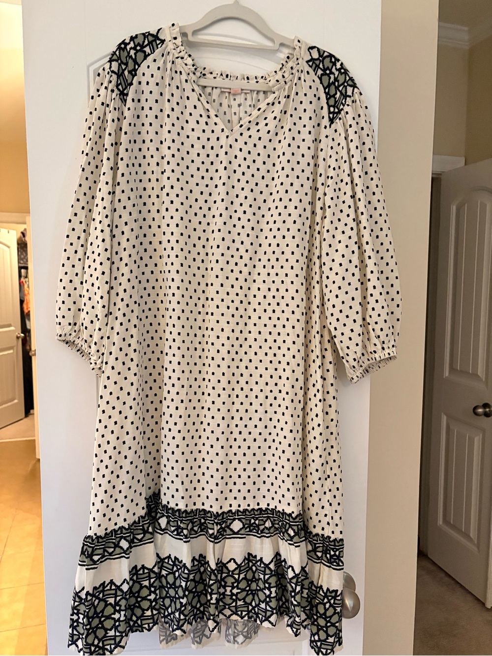 Knox Rose Cream Midi Dress with Black Polka Dots and Embroidered Trim